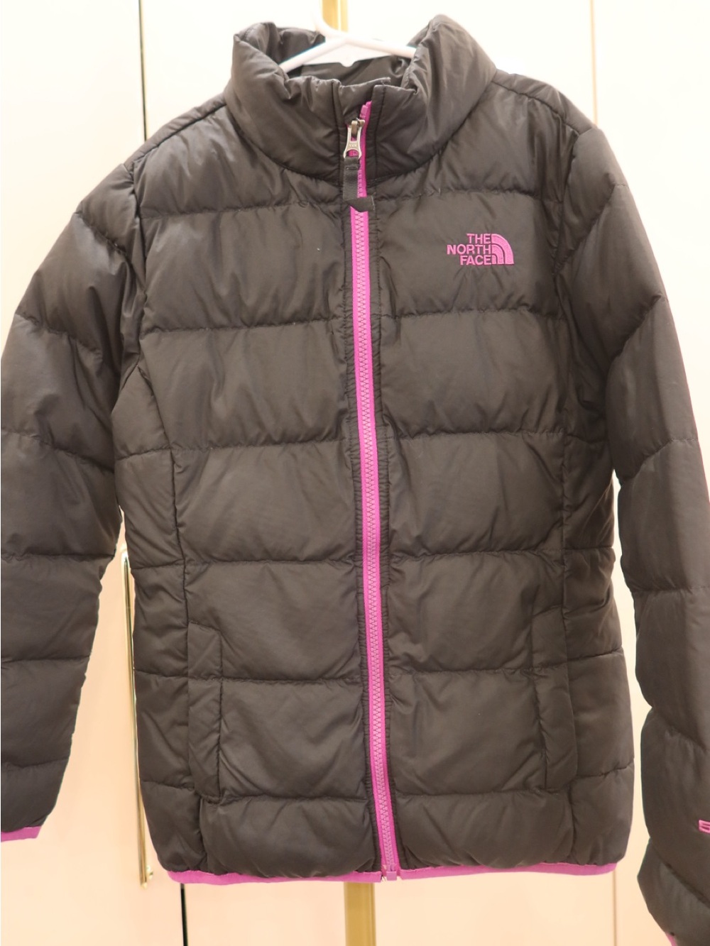 The North Face Kids Black Puffer Jacket with Pink Trim